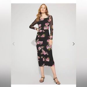 White House Black Market Bolero Sleeve Mesh Black Floral Midi Dress NWT XL